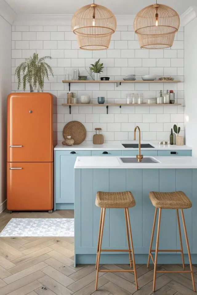 exemple intérieur bleu ciel meuble de cuisine carrelage mural blanc frigo orange petit espace lumineux suspension et tabouret en fibres naturel esprit beach house exemple intérieur bleu ciel meuble de cuisine carrelage mural blanc frigo orange petit espace lumineux suspension et tabouret en fibres naturel esprit beach house