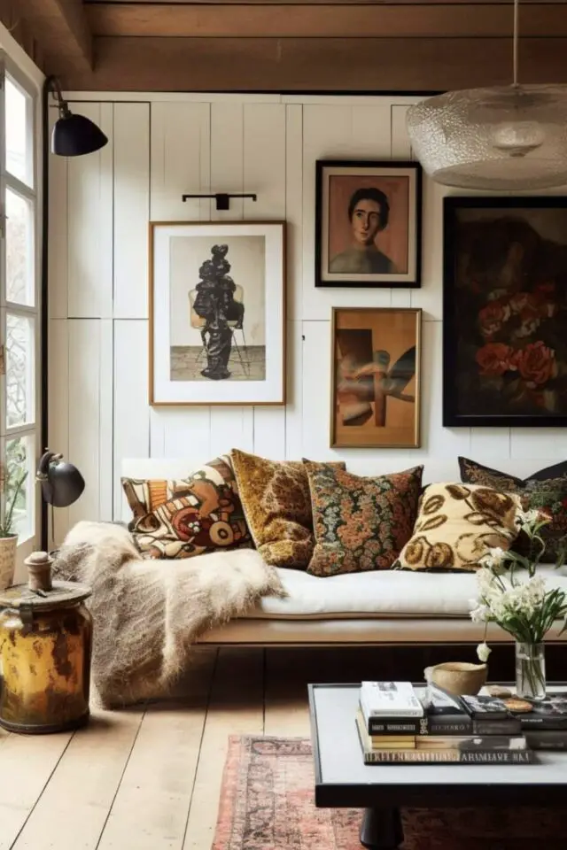 revêtement murale déco de salon lambris bois peint banquette neutre coussins tableaux revêtement murale déco de salon lambris bois peint banquette neutre coussins tableaux