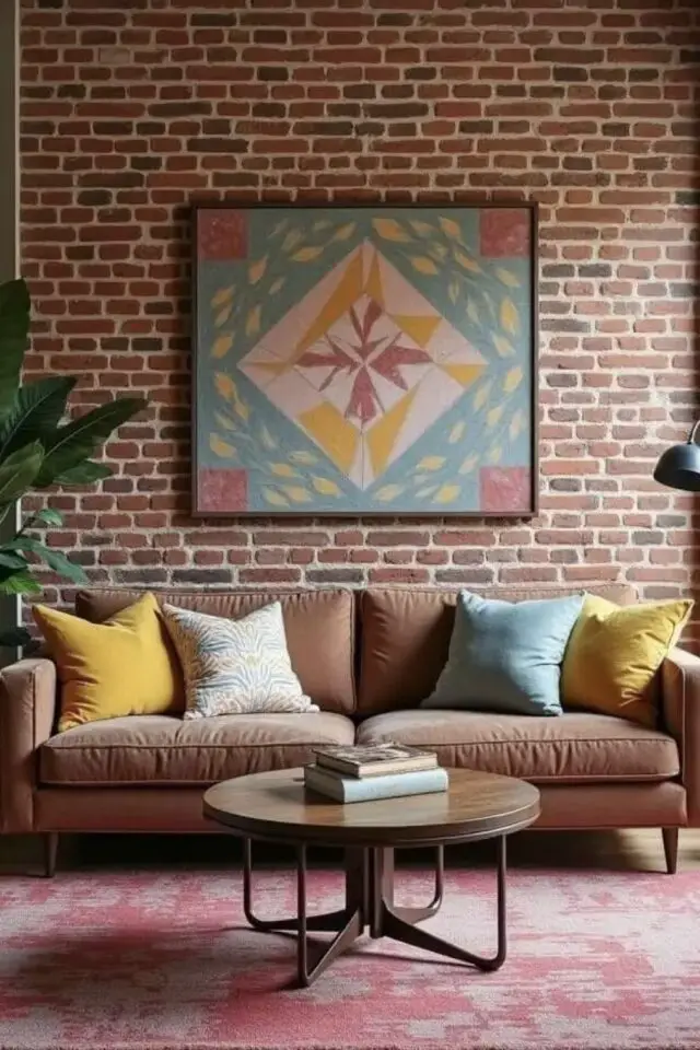 revêtement murale déco de salon mur en brique pièce de vie moderne canapé rose couleur accent jaune et bleu revêtement murale déco de salon mur en brique pièce de vie moderne canapé rose couleur accent jaune et bleu