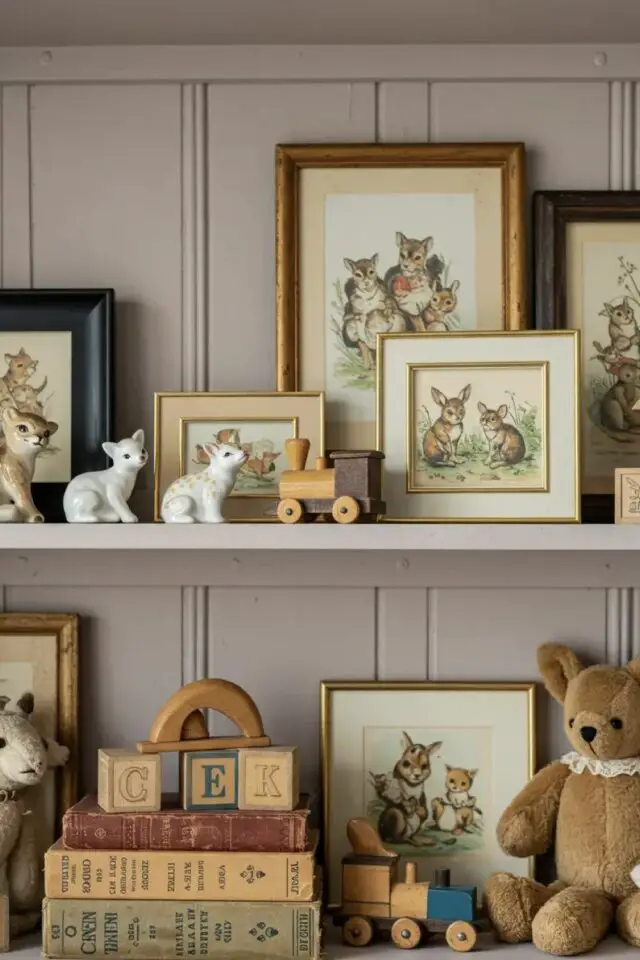 chambre bébé déco vintage illustrations anciennes encadrées jouets rétro chinés décoration étagères murales 