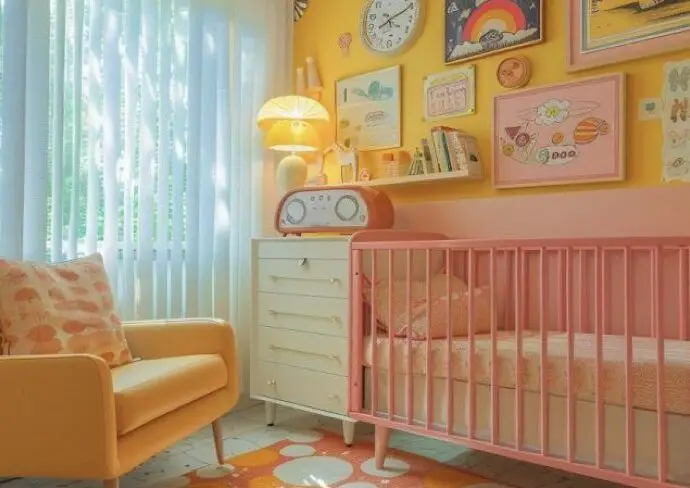 chambre bébé vintage idée décoration rétro couleurs accessoires mobilier