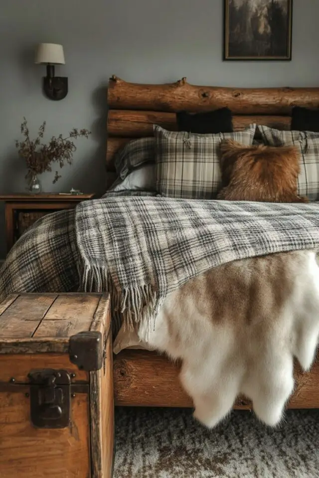 chambre déco chalet rustique chic tête de lit rondin bois peinture gris souris parure de lit à carreaux coussin fourrure 