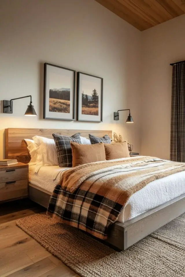 chambre chalet rustique chic mur peinture écru tête de lit bois applique murale photo encadrées tapis naturel boutis à carreaux 