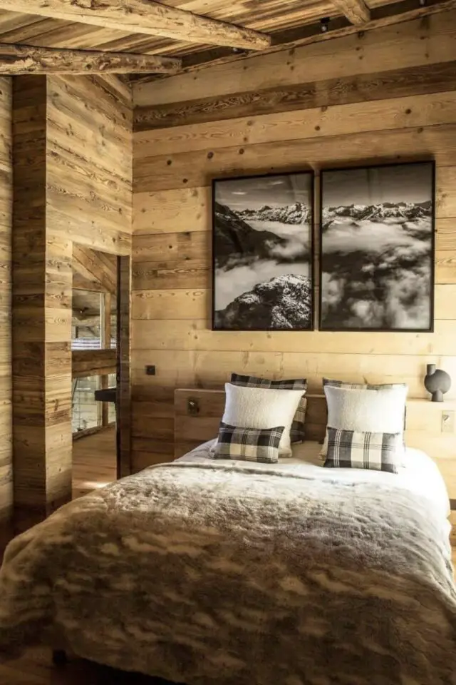 chambre déco chalet rustique chic bois nuance de gris simple et cocooning ambiance douce hiver 