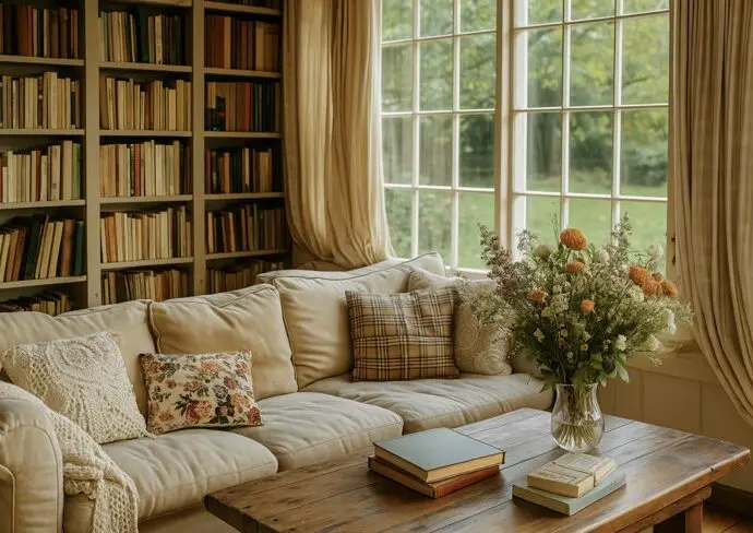 déco bibliothèque style cottage-core cosy idées exemples conseils