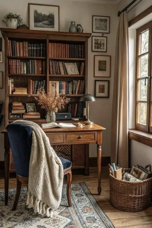décor cottage cosy bibliothèque maison meuble en bois ancien bureau mur couleur écru tapis panier lumière tamisée décor cottage cosy bibliothèque maison meuble en bois ancien bureau mur couleur écru tapis panier lumière tamisée