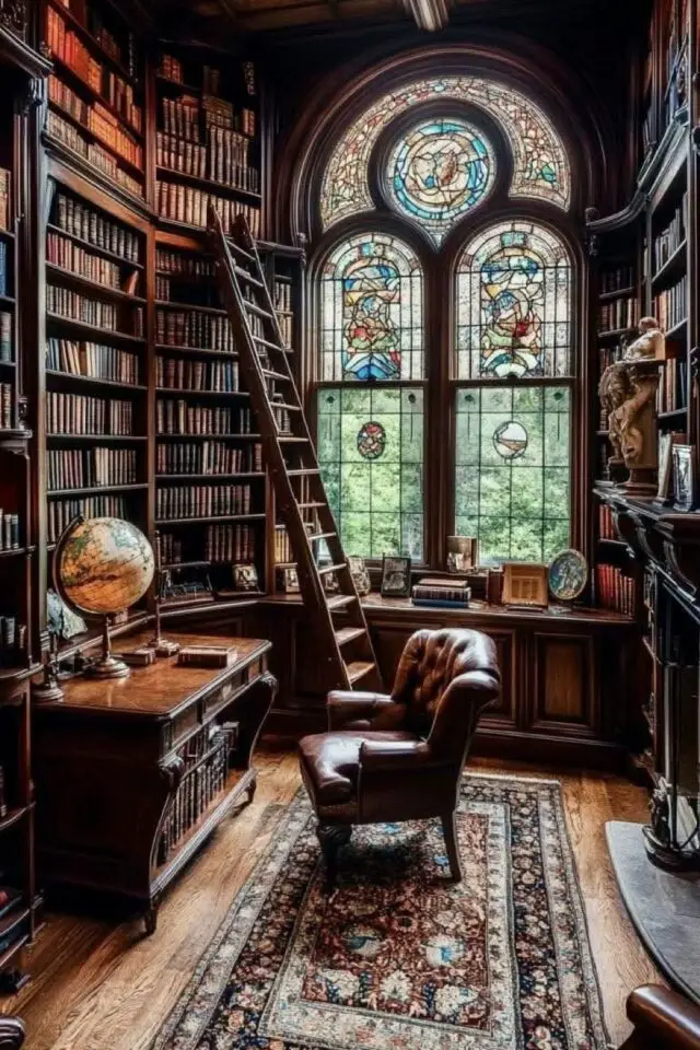 décor cottage cosy bibliothèque maison rêve cottagecore anglais fauteuil en cuir fenêtre vitrail tapis ancien objets de décoration décor cottage cosy bibliothèque maison rêve cottagecore anglais fauteuil en cuir fenêtre vitrail tapis ancien objets de décoration
