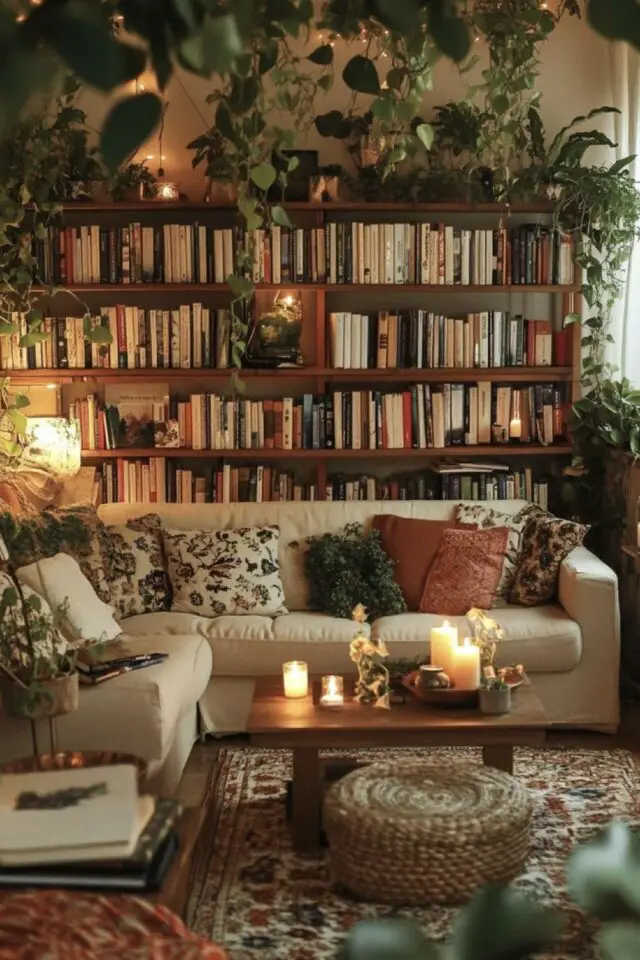 décor cottage cosy bibliothèque maison plantes verte meuble en bois canapé écru ambiance feutrée avec bougie confortable lecture décor cottage cosy bibliothèque maison plantes verte meuble en bois canapé écru ambiance feutrée avec bougie confortable lecture