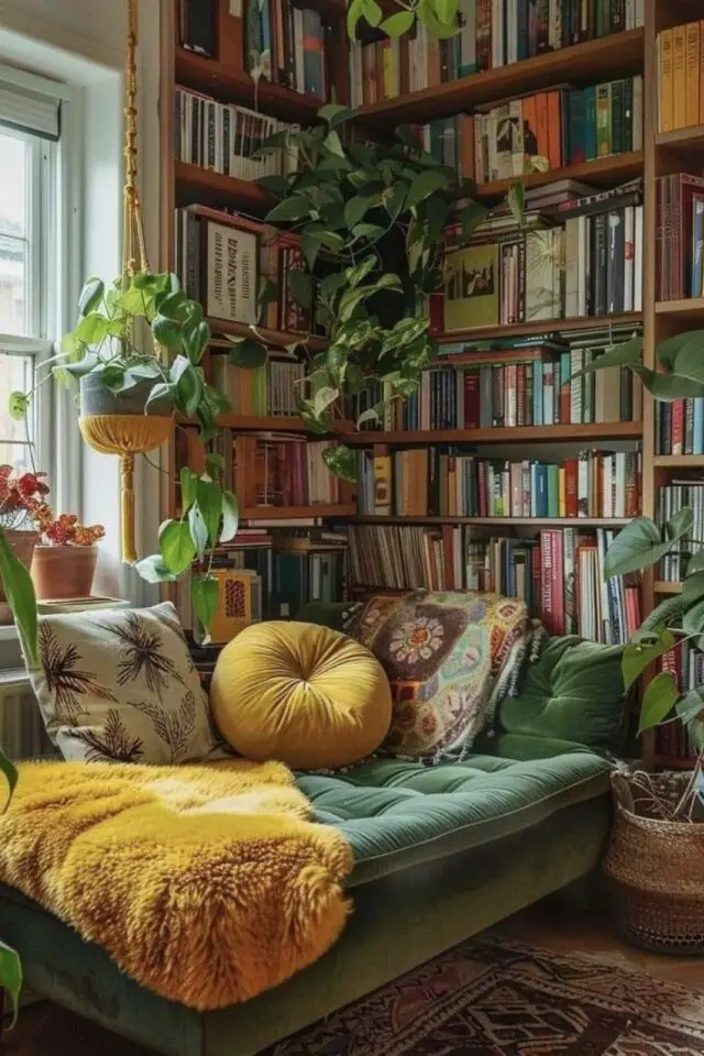 décor cottage cosy bibliothèque maison méridienne en velours vert meuble en bois plantes suspendue juste à côté de la fenêtre confort lecture décor cottage cosy bibliothèque maison méridienne en velours vert meuble en bois plantes suspendue juste à côté de la fenêtre confort lecture