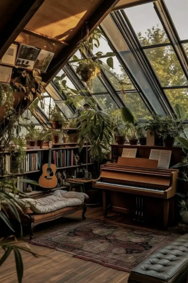 décoration bibliothèque style cottage cosy idée ambiance de rêve piano tapis guitare grande baie vitrée effet verrière d'atelier décoration bibliothèque style cottage cosy idée ambiance de rêve piano tapis guitare grande baie vitrée effet verrière d'atelier