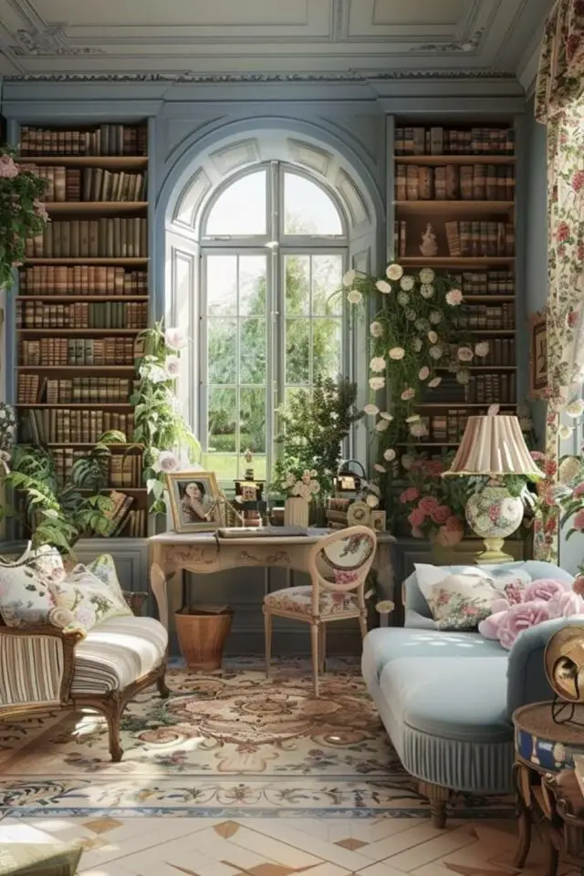 décoration bibliothèque style cottage cosy exemples couleur pastel ambiance romantique canapé fauteuil tapis fenêtre cintrée décoration bibliothèque style cottage cosy exemples couleur pastel ambiance romantique canapé fauteuil tapis fenêtre cintrée