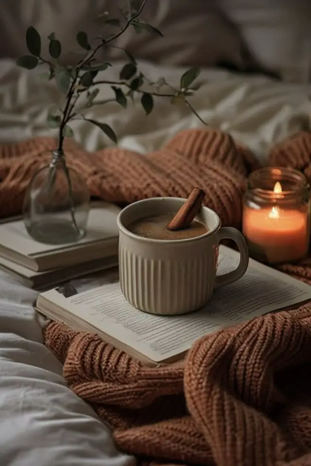 décoration intérieur film de noël cosy réconfortant hygge tasse chocolat chaud plaid 