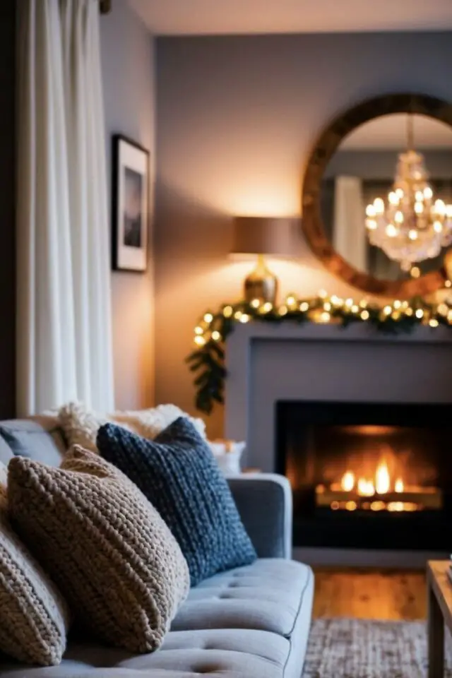 décoration intérieur film de noël coussin tricot laine salon canapé cheminée éclairage doux 