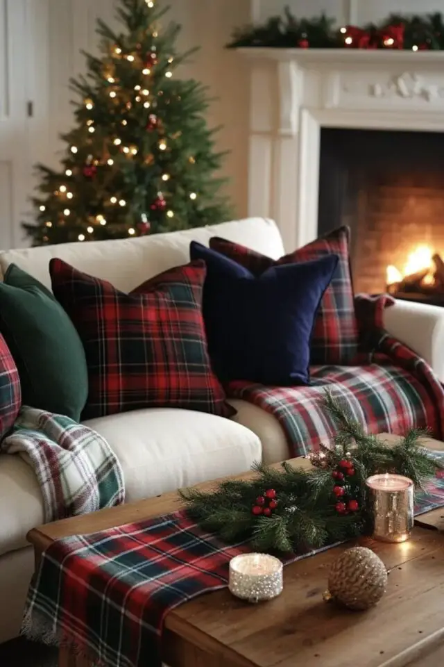 décoration intérieur film de noël plaid tartan salon séjour sapin cheminée table basse bois bougies 