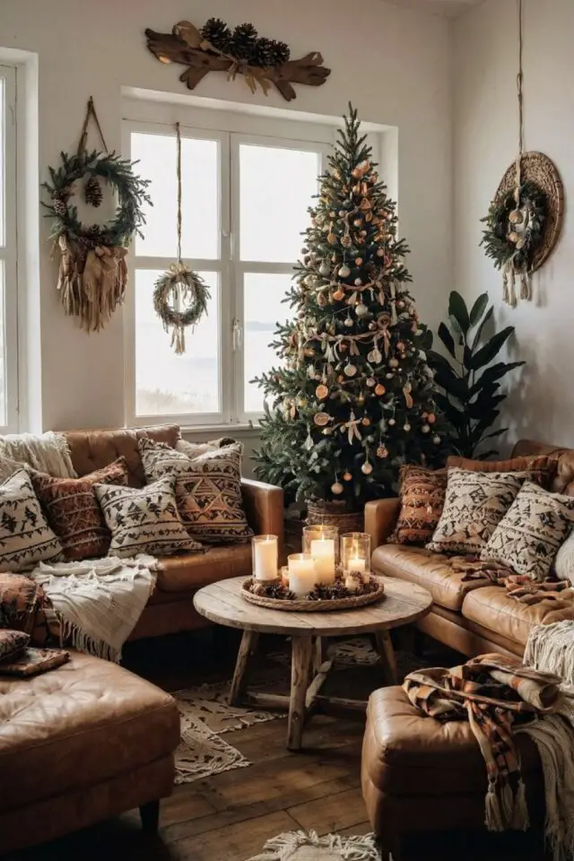 décoration intérieur film de noël salon familial canapés en cuir coussins cosy sapin et couronnes suspendues 