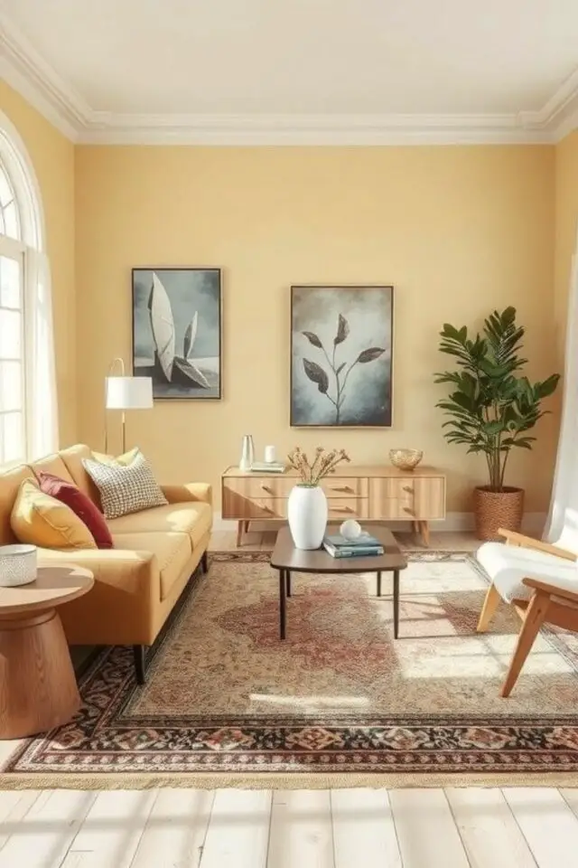 décoration intérieur couleur Butter Yellow salon séjour chaleureux et lumineux mobilier en ton sur ton grand tapis canapé jaune bout de canapé bois décoration intérieur couleur Butter Yellow salon séjour chaleureux et lumineux mobilier en ton sur ton grand tapis canapé jaune bout de canapé bois