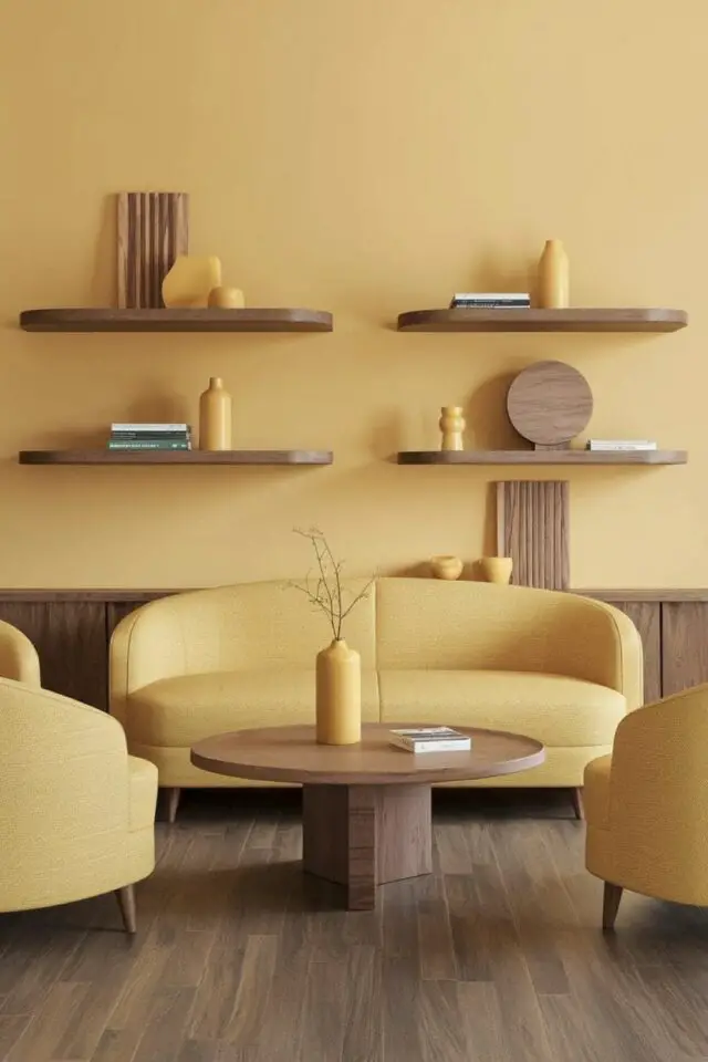 exemple déco couleur jaune beurre salon séjour élégant et chaleureux canapé jaune mobilier en bois parquet sombre exemple déco couleur jaune beurre salon séjour élégant et chaleureux canapé jaune mobilier en bois parquet sombre