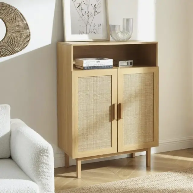 soldes 2026 Meuble à chaussures 2 portes 1 niche en bois et cannage L80cm