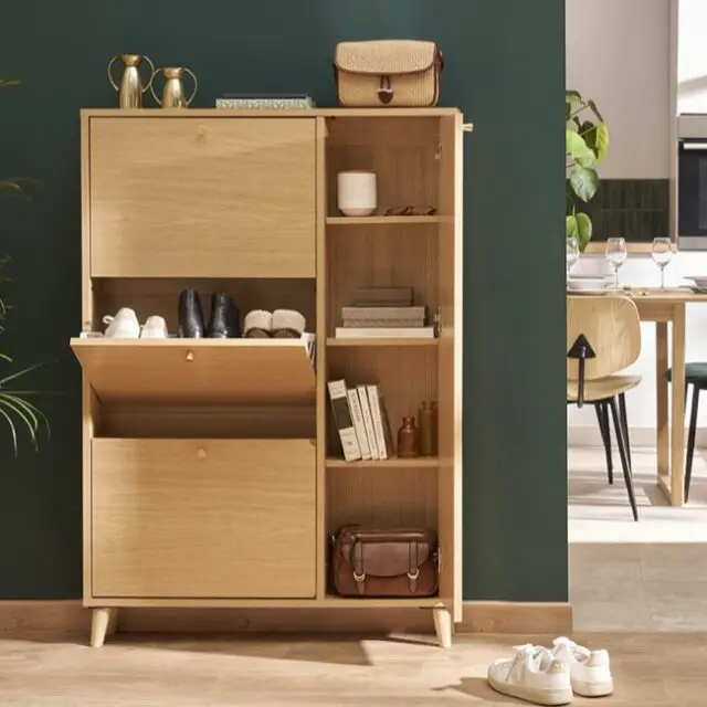 Meuble à chaussures finition bois clair chêne et métal doré L90 cm soldes été hiver 2026