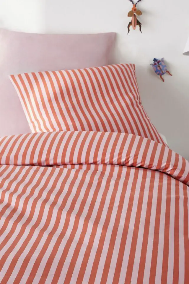 Parure de lit 50% coton recyclé rayé rose enfant 