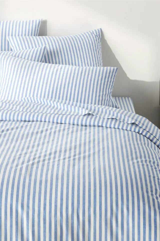 Housse de couette en coton bleu ciel et blanche rayures 