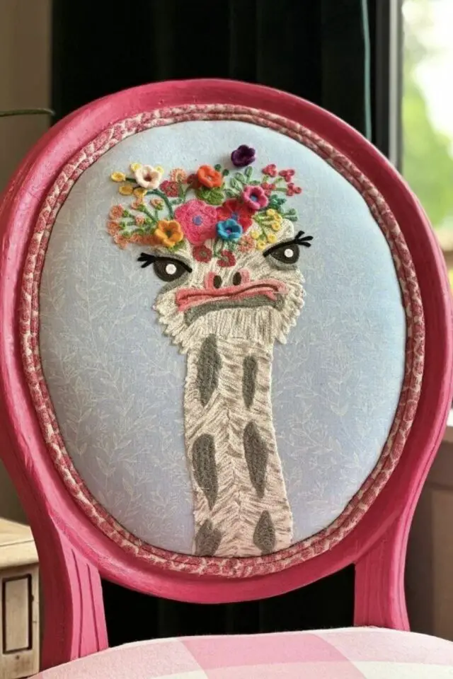 relooking chaise tissu original dossier brodé motif autruche avec petite fleur structure peinte en rose 