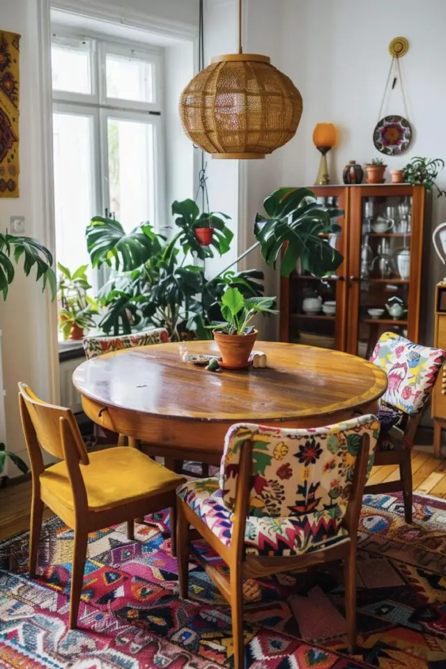 salle à manger en bois déco chaises housse motif floral couleur idée printanière 