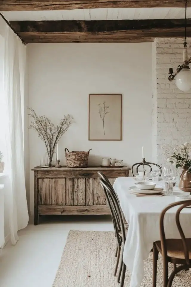 salle à manger bois style rustique meuble buffet ancien chaise élégante ambiance douce et conviviale  
