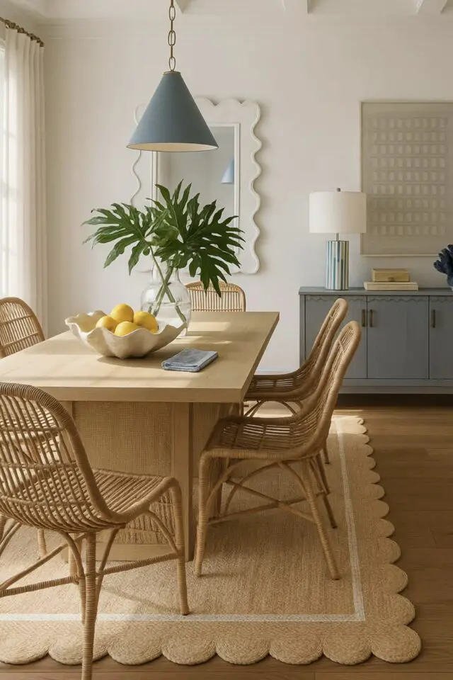 salle à manger bois tendances 2026 luminaire déco murale miroir tapis original 