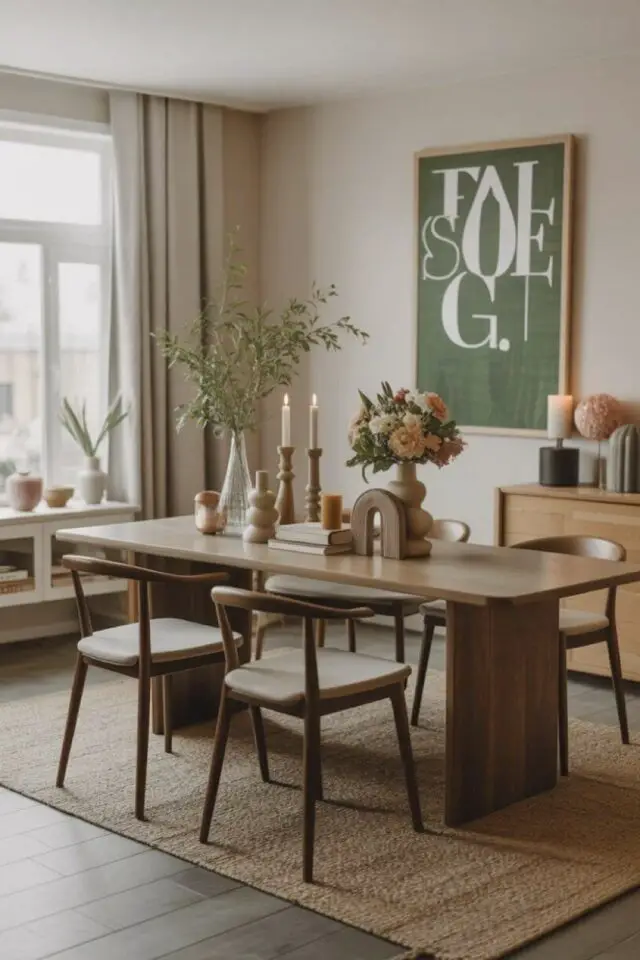 salle à manger bois tendance accessoire déco moderne chic tapis vases affiche murale encadrée 