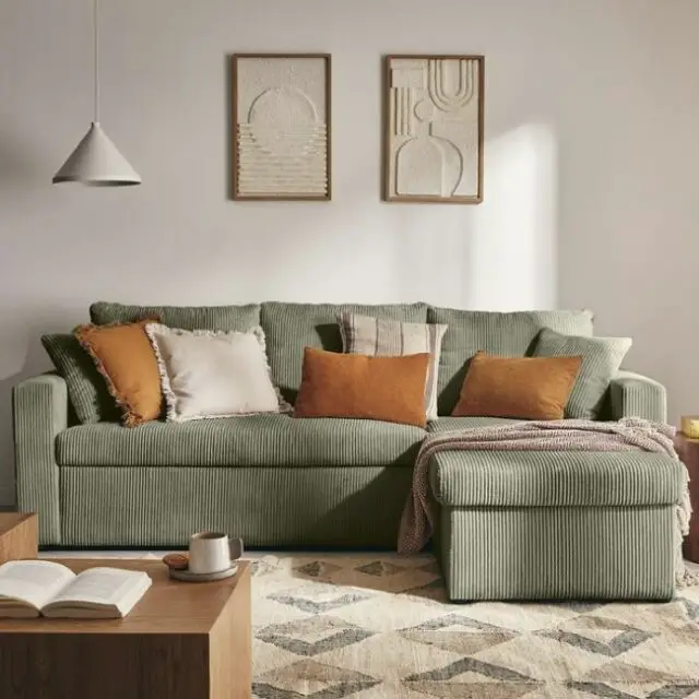 Canapé d'angle réversible convertible 4 places Velours vert Coffre de rangement