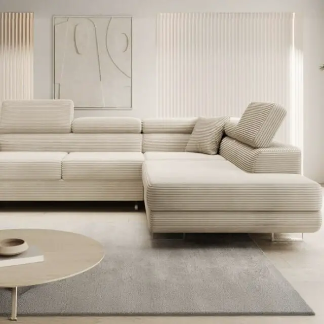 Canapé d'angle droit convertible  6 places Velours beige Coffre de rangement