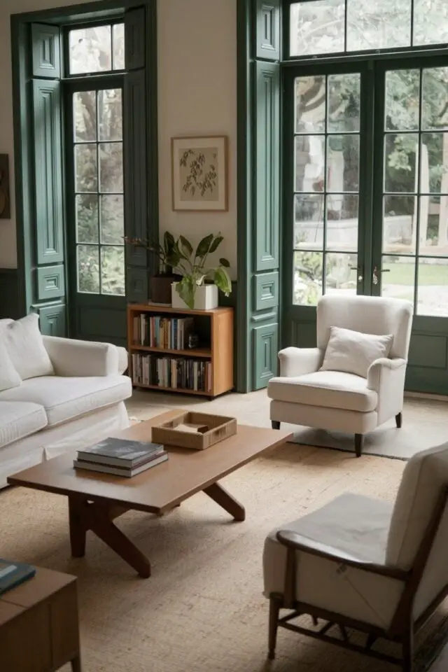 tendances salon 2026 peinture couleur boiseries portes vitrée vert chic et élégant tendances salon 2026 peinture couleur boiseries portes vitrée vert chic et élégant