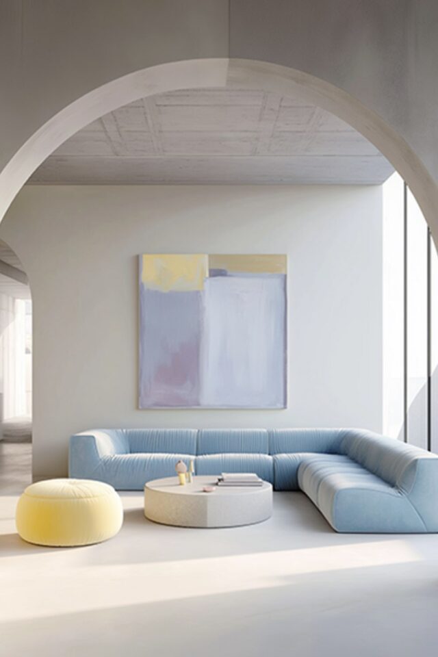 tendances déco salon 2026 couleur Pantone blanc Cloud Dancer canapé XXL bleu pastel pouf jaune tendances déco salon 2026 couleur Pantone blanc Cloud Dancer canapé XXL bleu pastel pouf jaune