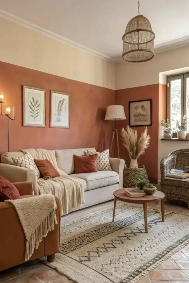 tendances déco salon 2026 couleur chaleureuse rouille peinture murale soubassement XXL canapé beige ambiance nature subtile tendances déco salon 2026 couleur chaleureuse rouille peinture murale soubassement XXL canapé beige ambiance nature subtile