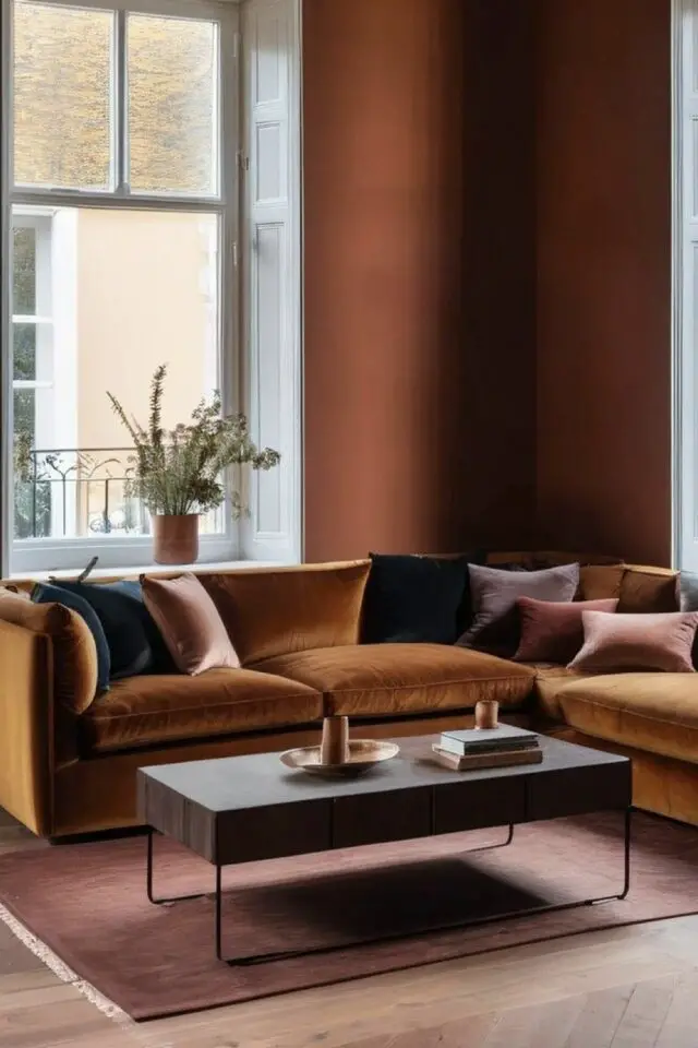 tendances salon 2026 couleur rouille canapé velours mur orange brûlé table basse sombre ambiance chic et élégante tendances salon 2026 couleur rouille canapé velours mur orange brûlé table basse sombre ambiance chic et élégante
