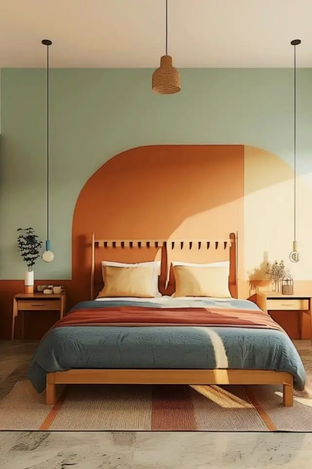 tête de lit originale peinture excentrée orange et vert ambiance vintage soubassement tête de lit originale peinture excentrée orange et vert ambiance vintage soubassement