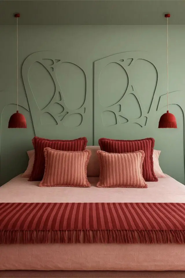 tête de lit originale peinture idée à copier ton sur ton vert plaque OSB découpée contraste avec parure de lit et suspension rose et terracotta tête de lit originale peinture idée à copier ton sur ton vert plaque OSB découpée contraste avec parure de lit et suspension rose et terracotta