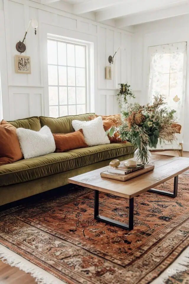 accessoires déco salon automne tapis persan chaleureux canapé vert olive en velours ambiance douillette mur blanc lumineux accessoires déco salon automne tapis persan chaleureux canapé vert olive en velours ambiance douillette mur blanc lumineux