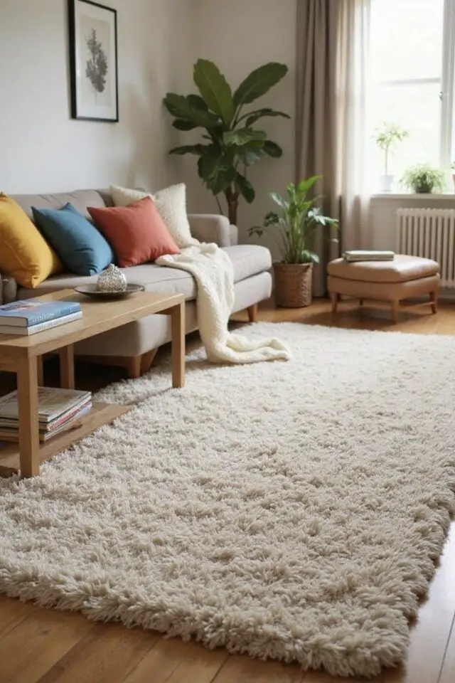 astuces pour sublimer la déco du salon tapis cocooning beige poils longs shaggy 
