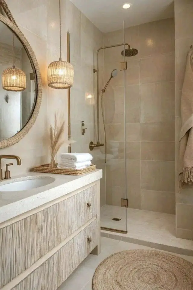 camaïeu beige décoration salle de bain cosy et cocooning meuble vasque en bois carrelage douche suspension fibres naturelles tapis jute 