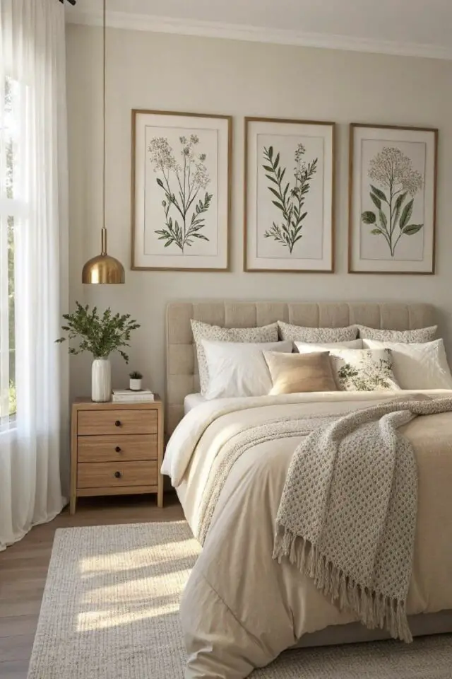 camaïeu beige décoration chambre à coucher adulte soft neutral nature tête de lit capitonnée linge de lit écru table de chevet en bois 