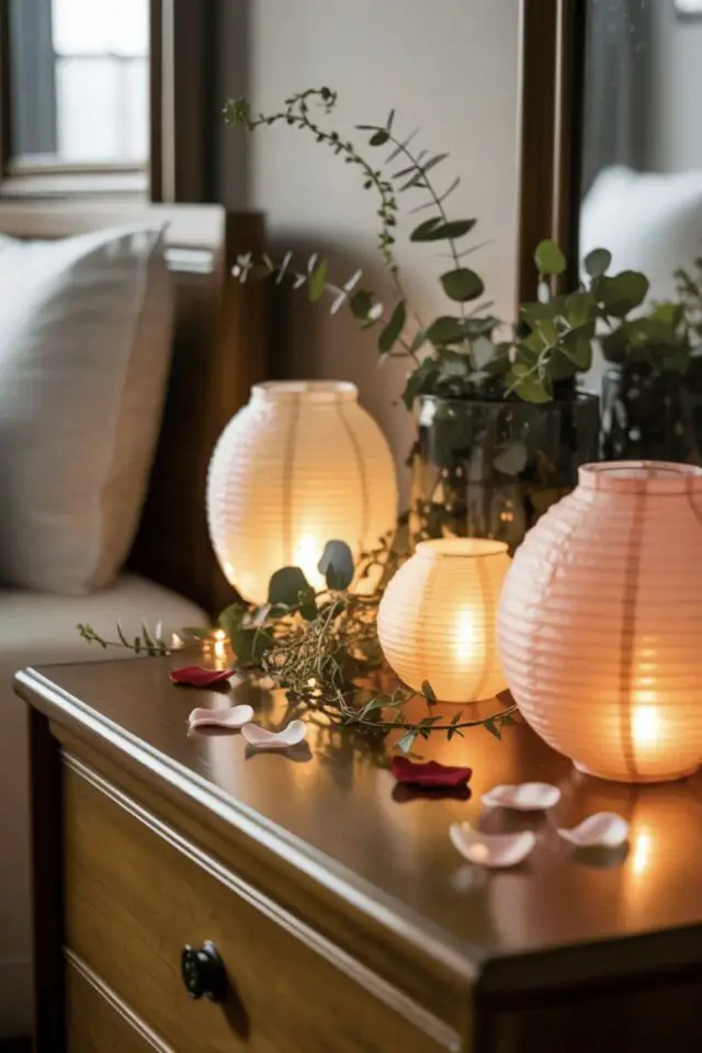 déco chambre romantique Saint Valentin comme chambre hôtel photophore pétales de roses sur la table de chevet idée facile surprise 