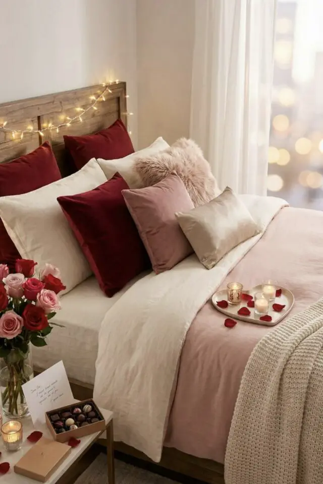 déco chambre romantique Saint Valentin linge de lit parure bordeaux velours rose blanc chic et élégant boite de chocolat et bouquet table de chevet 
