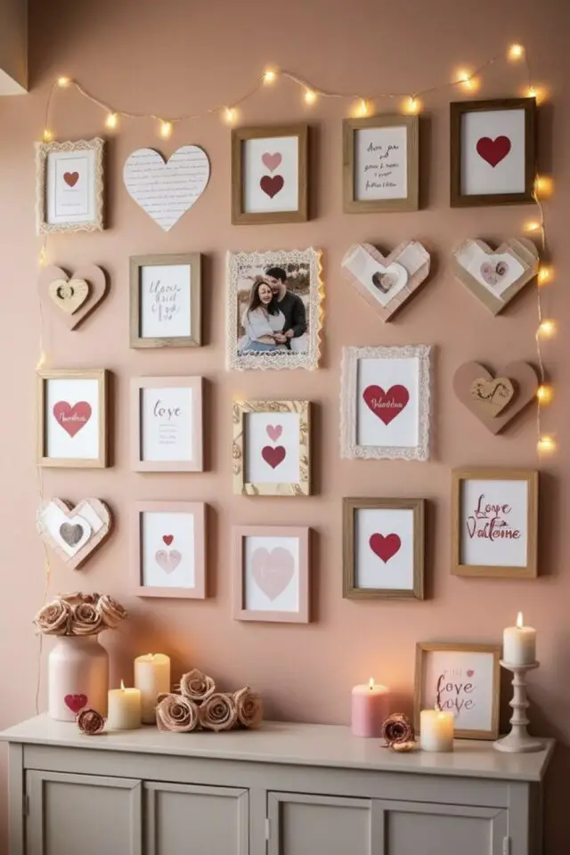 déco chambre romantique Saint Valentin exemple dessus commode décoration murale galerie de cadre photos mots d'amour et illustration coeur surprise 