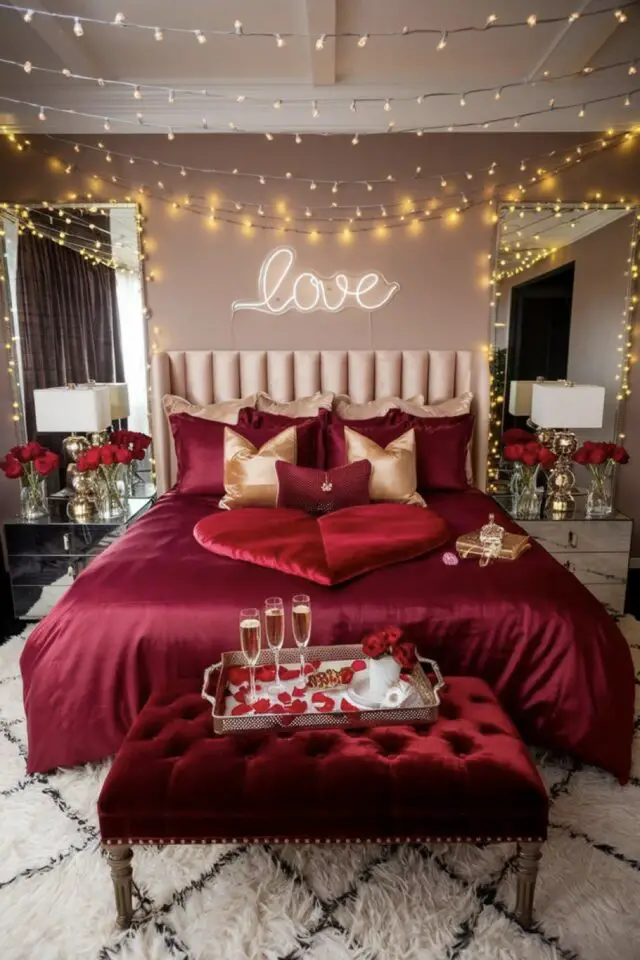 déco chambre romantique Saint Valentin idées parure de lit satin rouge plateau champagne guirlande lumineuse 