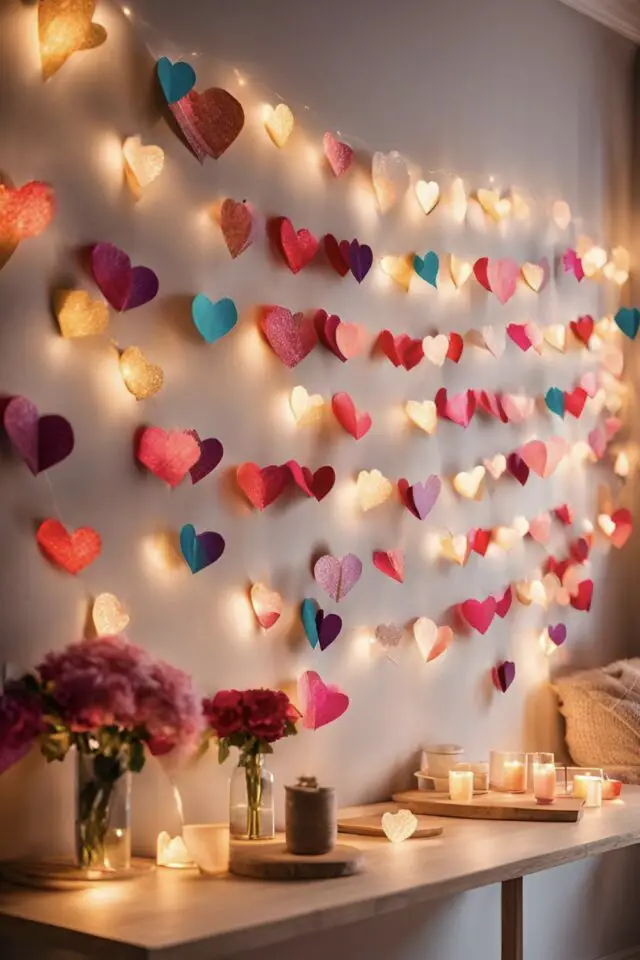 déco chambre romantique Saint Valentin guirlande murale papier coeur découpé à faire soi-même surprise ambiance feutrée 