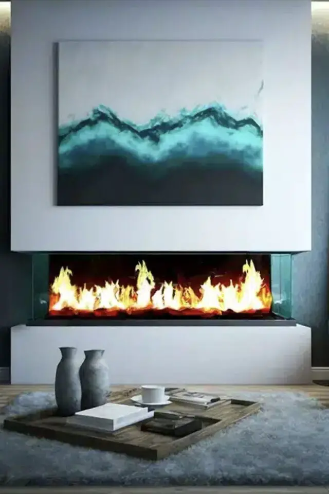 cheminée électrique moderne encastrée dans le mur flamme ambiance cosy et contemporaine 