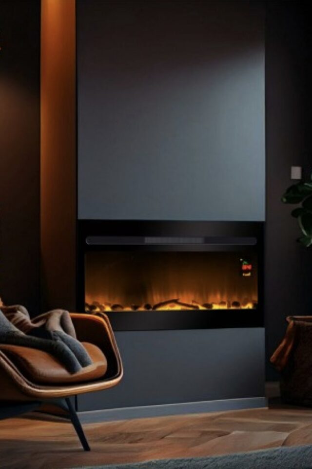 cheminée électrique élégante et sobre encastrée mur ambiance salon cosy douillet et intime 