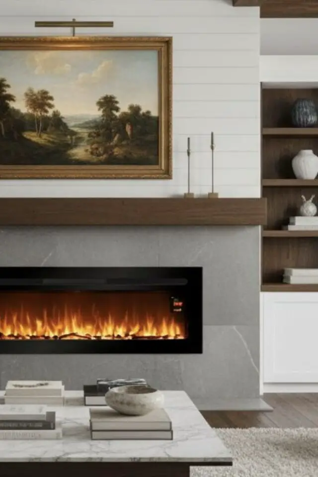 cheminée électrique encastrée niche moderne salon chaleureux et familial appoint chauffage simple 